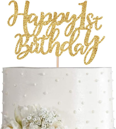Gold Glitter Happy 1st birthday cake topper, Gold 1 years old birthday party decorations, girl or boy birthday cake toppers...