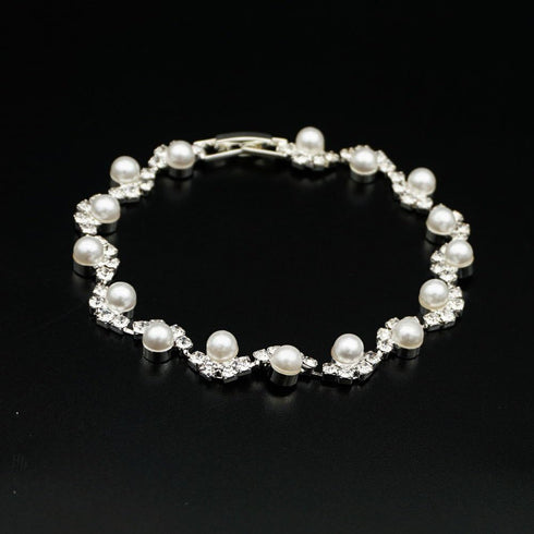 JSEA Womens 4mm Faux Pearl Wave Link Bracelet Silver Tone Rhinestone Bracelets Ladies...