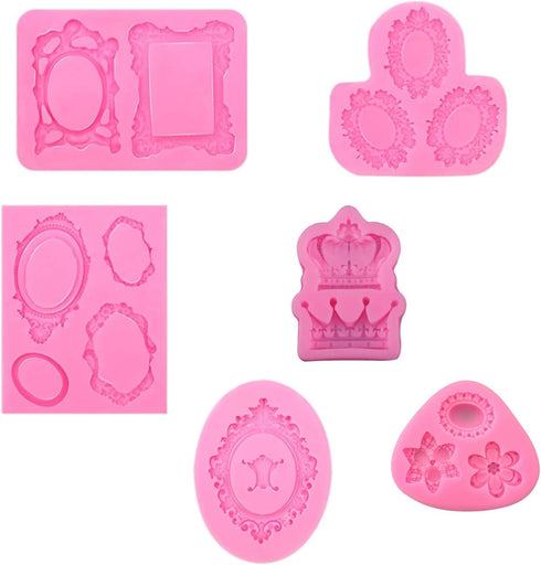 Photo Frame Fondant Mold - 6 Pack Picture Frames crown flower Silicone Mold for Cake Decorating, Sugar, Gum Paste, Chocolate, Cookies, Resin, Poly...