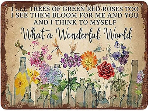 Dragonfly What A Wonderful World Flowers Funny Metal Tin Sign Wall Decor I See Trees of Green Red Rose Too Retro Tin Sign Vase Flowers Poster Plaq...