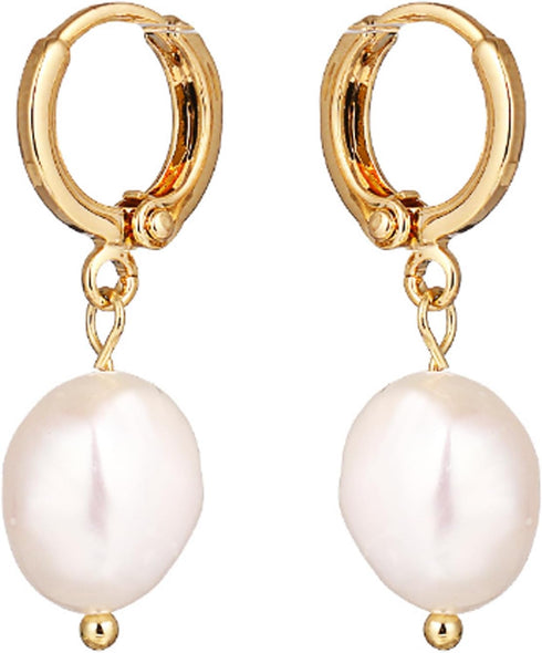 Huggie Small Hoop Pearl Earrings, Natural Fresh-water Pearl Earrings 18k Gold Plated Crystal Drop Dangle Earrings for Women...