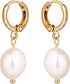 Huggie Small Hoop Pearl Earrings, Natural Fresh-water Pearl Earrings 18k Gold Plated Crystal Drop Dangle Earrings for Women...