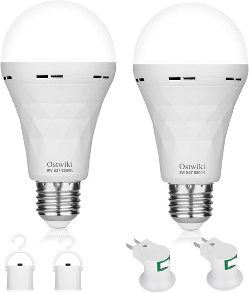 2 Pack Emergency Rechargeable Light Bulbs,Battery Operated Backup Light Bulb 9W E27 8500K 1200mAh White Equivalent Self-charging LED Light Bulbs f...