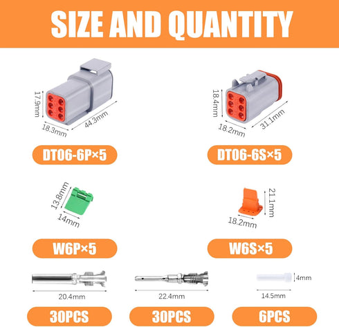86 PCS Deutsch DT Grey 6 Pin Connectors 5 Set, Waterproof Electrical Wire Connector with Stamped Contacts and Seal Plug for Truck, Off-Road Vehicl...