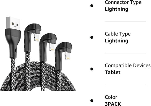 3Pack 90 Degree iPhone Charger 6ft, Apple MFi Certified 6 Feet Lightning Cord Long, Nylon Right Angle 6 Foot Apple iPhone Charging Cable for Apple...