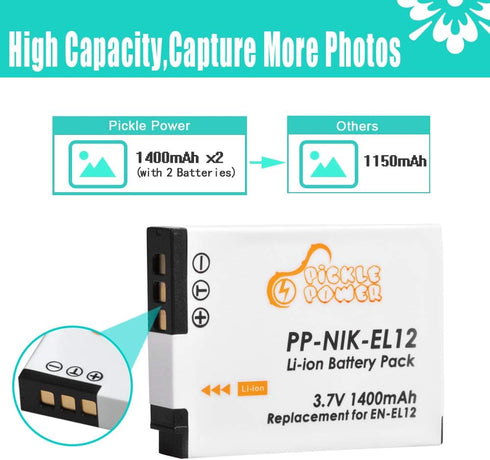EN-EL12 Battery and LED Charger Compatible with Nikon Coolpix A1000 B600 W300 A900 AW100 AW110 AW120 AW130 S6300 S8100 S8200 S9050 S9200 S9300 S94...