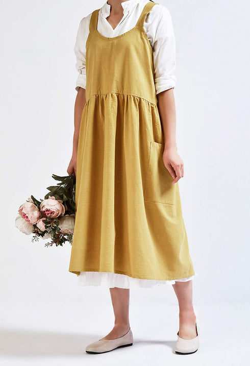 NEWGEM Cotton Linen Cross Back Apron for Women with Pockets for Cooking Cleaning Yellow without Waist Ties...