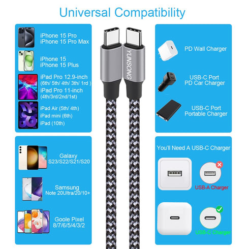 USB C Charger Cable, New Nylon Braided USB C to USB C Cable 3PACK 6FT Type C PD 60W Fast Charging for iPhone 15/15 Pro/15 Plus/15 Pro Max/iPad Pro...