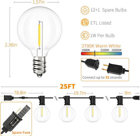 Svater Outdoor String Lights LED 25 FT, Patio Globe Lights with 12+1 Plastic G40 Bulbs, Waterproof Dimmable Hanging Light for Outside Backyard Bis...