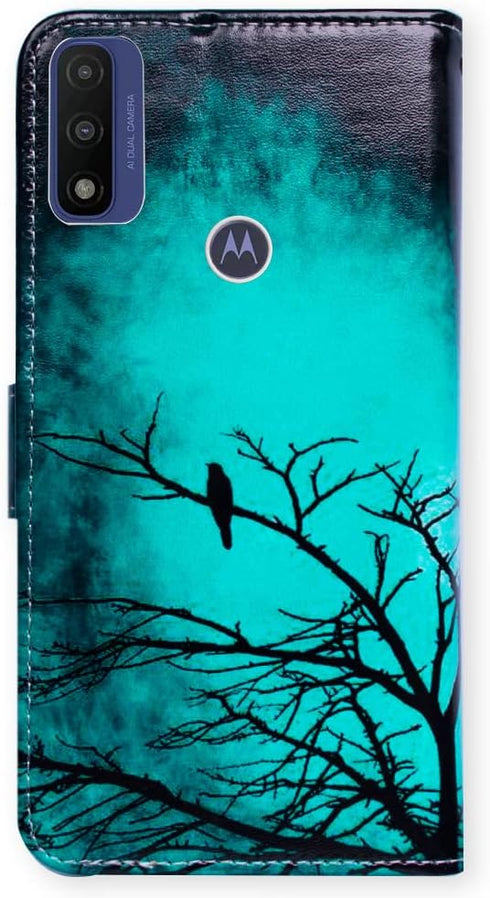 Leather Flip Phone Case Wallet, Motorola Moto G Pure/Power 2022 - Black Bird Pattern, Card Slot, Magnetic Lock, Kickstand...