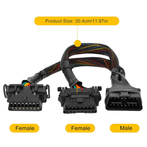 2PCS OBD2 Splitter Y Cable,16 Pin OBD II 1 Male to 2 Female Extension Connector Cable, Right Angle Universal OBD2 Diagnostic Cable,1FT/30cm 20AWG ...