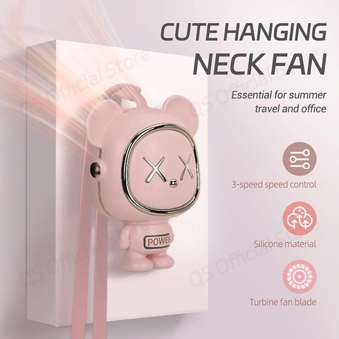 Bear Fan, Handheld Fan, Portable Neck Fan, Cute Desk Fan, Rechargeable, 3 Speed Wind, Bladeless Design, Exquisite Appearance, Pink...