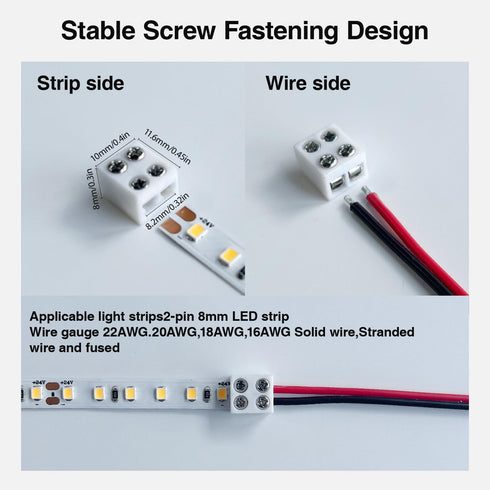 15Pack erless LED Strip Connector 2pin 8mm with 32.8ft Wire, Tighten Screw Terminal Blocks 2 Pin 8mm Connectors with Screwdriver for 5-24v LED Tap...