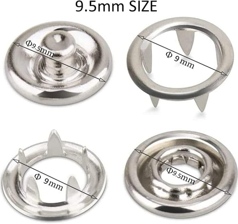 140 Sets 9.5mm Snaps Buttons Fastener , 3/8Inch Stainless Steel Open-Ring Cap Gripper Grip Prong No-Sew Button Fasteners Studs for DIY Baby Clothe...
