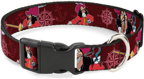 Buckle-Down Plastic Clip Collar - Captain Hook Poses/Nautical Elements Burgundy - 1" Wide - Fits 11-17" Neck - Medium...