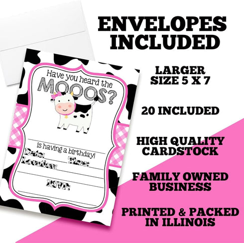Heard the Moos Pink Cow-Themed Birthday Party Invitations for Kids, 20 5x7 Fill In Cards with Twenty White Envelopes by AmandaCreation...