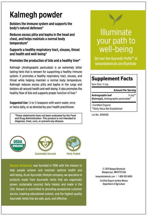 Banyan Botanicals Organic Kalmegh Powder - Andrographis paniculata - 1/2 lb - Bitter Herb for Immune Health and Respiratory Support*- Non-GMO Sust...