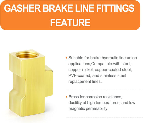 GASHER 2PCS Brass Brake Line Tee Fittings 7/16"-24 Threads Inverted Flare Female Union for Fuel/AIR/Lquid/Gas...