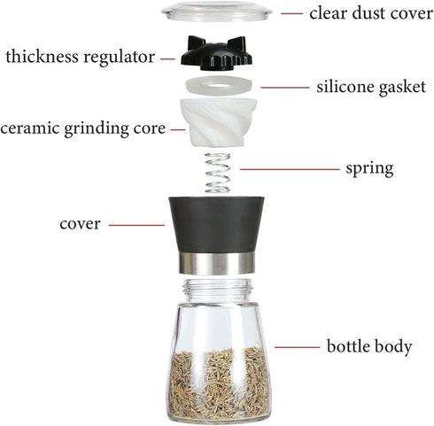 Pepper Grinder Set of 2 - Pepper Mill & Salt Mill with Adjustable Coarseness - Glass Spice Shakers - Easy Clean Ceramic Grinders Salt Shaker with ...