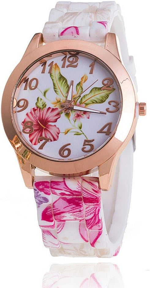 CdyBox Women Ladies Girls Floral Dial Silicone Band Analog Watches Rose Gold Tone Numbers (5 Pack)...