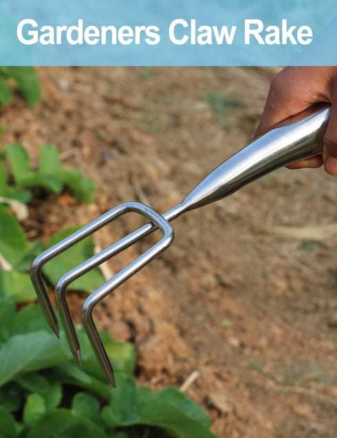 3 Tines Garden Hand Rake 10" Cultivator Claw Small Japanese Gardening Weed Tool Mini Handle Heavy Duty Stainless Steel Ninja Claw for Weeding, Tur...
