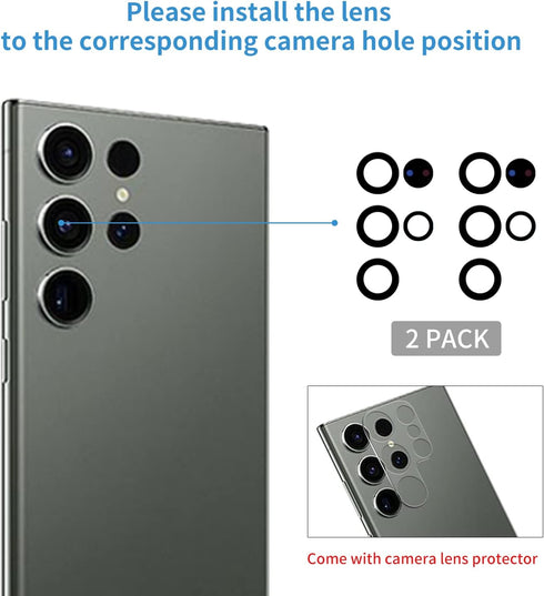 2 Pack for Samsung Galaxy S23 Ultra Back Rear Camera Lens Glass Replacement with Pre-Installed Adhesive Include Repair Tool Set+ Installation Manu...