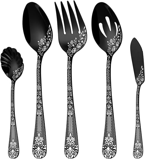 EUIRIO 5PCS Serving Utensils,Serving Set Includes Large Serving Spoon Slotted Serving Spoon Serving Fork Sugar Spoon&Butter Knife,Stainless Steel ...