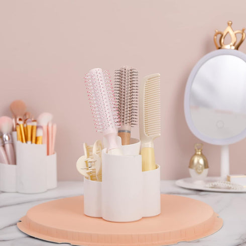 Yesesion Makeup Brush Holder Organizer for Vanity, Plastic Round Cosmetics Brushes Storage with 4 Compartment for Lipsticks, Hair Accessories, Bea...