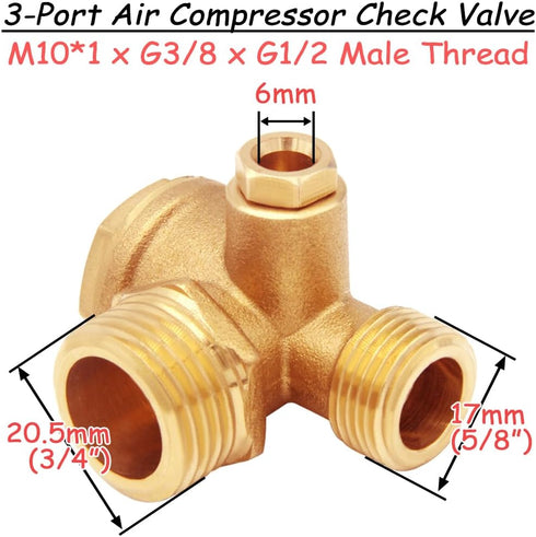 Solid Brass 3-Port Air Compressor Check Valve M10*1 x G3/8" x G1/2" Male Female Threaded Tube Connector Non-Return Valve...