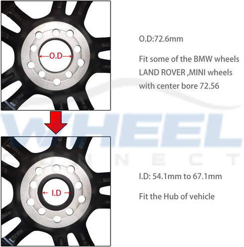 WHEEL CONNECT Hub Centric Rings,72.6 to 65.1, Aluminium Alloy Hubrings,65.1 to 72.56, Set of 4,O.D:72.6-I.D:65.1mm. A...