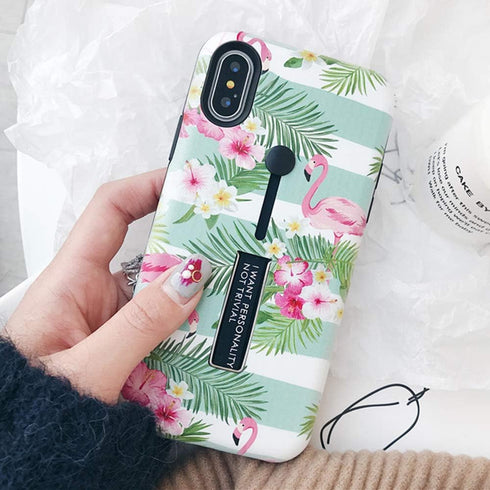 Compatible with iPhone XR Case Finger Grip,3D Embossed Pink Flowers Gray Shell Design, Rugged Shockproof Slim Fit Dual Layer Finger Ring Loop Stra...