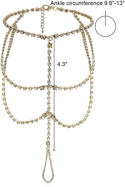 1Pair Summer Beach Rhinestone Barefoot Sandals Foot Chain with Toe Ring Bikini Crystal Anklets Bracelet Wedding Bridal Rhinestone Anklet Foot Chai...