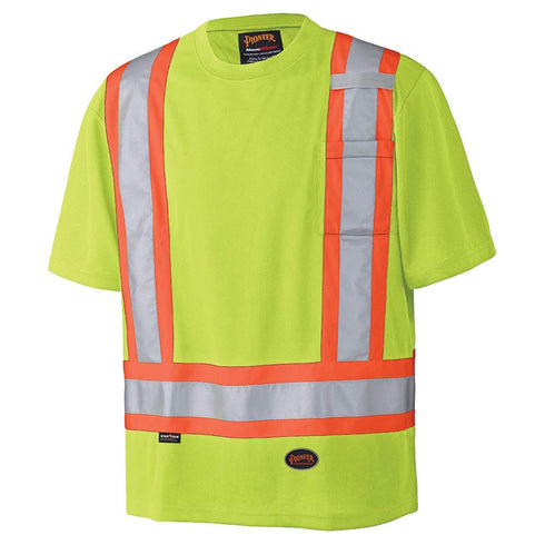 Pioneer High Visibility, Lightweight, Breathable Birdseye Short Sleeved Crew Neck Safety Shirt with Chest Pocket, Hook and Loop Closure, Reflectiv...