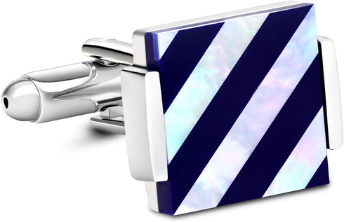 Mother of Pearl Cuff-links Onyx Stripe Tuxedo Cufflinks in a Gift Bag Wedding Gift for men (Blue and Silver)...