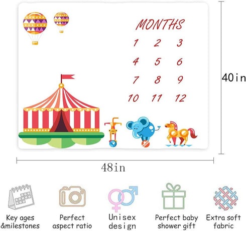 Circus Top Tent Baby Monthly Milestone Blanket, 48x40in Animal Show Hot Air Balloon Blanket Soft Flannel for Newborn Baby Shower, New Mom Gift Bab...