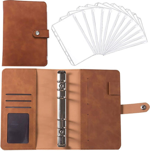 A6 PU Leather Notebook Binder Refillable 6 Ring Budget Binder for A6 Filler Paper, Loose Leaf Personal Planner Binder Cover with Buckle Closure-Br...