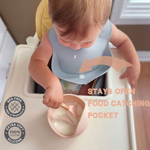 Ginbear Silicone Bibs for Babies, Waterproof Baby Feeding Bibs with Food Catcher Pocket, Adjustable Silicon Bibs for Toddlers (Dark Sage/Almond)...