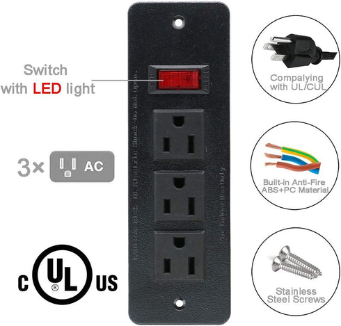 Recessed Power Strip Countertop Power Grommet Desk Mountable Power Strip Behind Drawer Outlets for Cabinet Sofa Shelf UL/ETL Certificated Black...