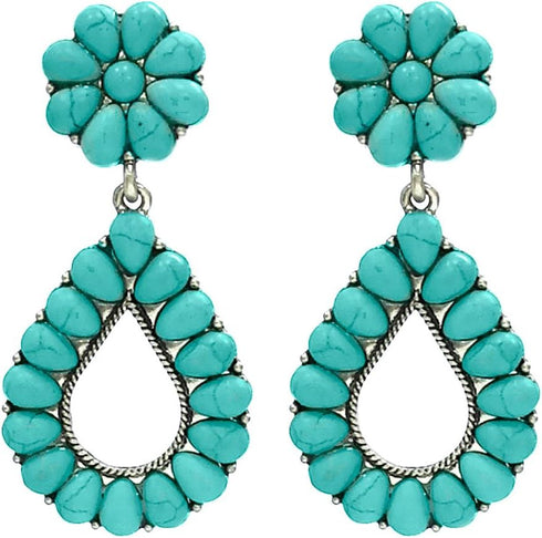 Western Squash Blossom Turquoise Cluster Teardrop Turquoise Post Earring Naja...