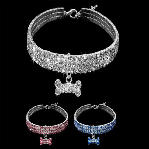 Dogs Kingdom Amazing 3 Rows Rhinestones Necklace Pet Cat Dog Collar Bling Rhinestone Bone Jewelry Party Wedding Accessories,Dark Blue,M:10-12" Nec...