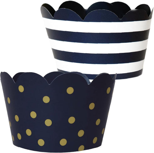 Navy Blue and Gold Cupcake Wrappers - Reversible Party Decoration Supplies, Sailor Theme, Nautical Baby Shower, Military Retirement, Police Birthd...