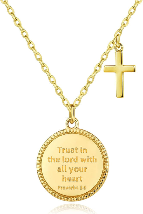 14K Gold Plated Engraved Coin Pendant Necklace for Women Christian Bible Verse Cross Necklace Prayer Faith Religious Jewelry Gifts...