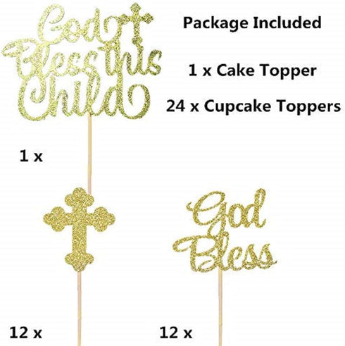 JeVenis 25 PCS Glittery Gold Bless this Child Cross & Cake Toppers - Baptism Cupcake Decorations...
