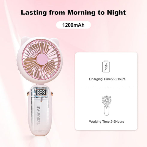 Handheld Fan Mini, Cute Hand Fan Portable, Powerful USB Rechargeable Fan with 4 Speeds and LED Display for Kids Women, Battery Small Electric Hand...