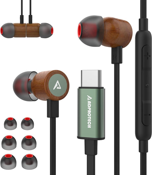 USB C Headphones for iPhone, Type C Earbuds Red Pear Wood Wired HiFi Stereo with Remote & Mic, USB C Earphones Compatible with iPhone 15 Pro Max, ...