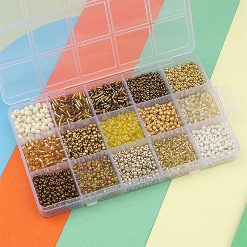 Mix 15 Color Glass Seed Beads Tube Beads Glass Bugle Beads Loose Kit for Jewelry Making DIY Craft Beading (Mix 15 Color, Gold)...