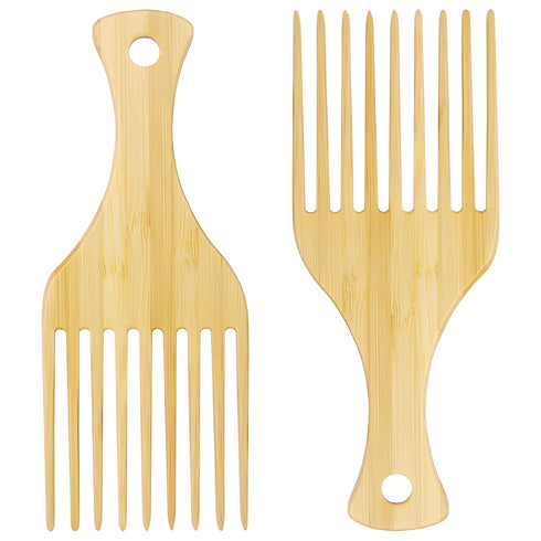 2-Piece Bamboo Comb Set for Afro Hair: Natural Anti-Static Picks for Curly, Thick Hair, Ideal for Men and Women, Eco-Friendly Styling and Detangli...