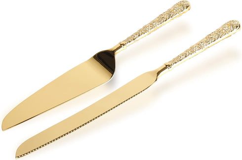 Dicunoy 2 PCS Gold Cake Knife and Server Set, Wedding Cake Cutting Utensils, Vintage Engraved Cake Cutter and Serving Spatula for Birthday, Party,...