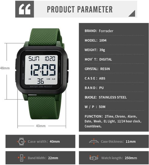 Mens Sport Digital Watches, Waterproof Outdoor Sport Watch with LED Backlight/Alarm/Countdown Timer/Dual Time/Stopwatch/12/24H Wrist Watches for M...