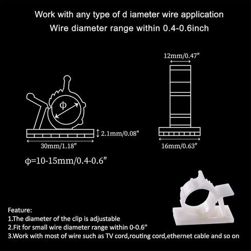 30 Pack Adjustable Cable Clips,Adhesive Nylon Cable Clamps Wire Clips, Desk Wall Cord for Wire and Cable Management...